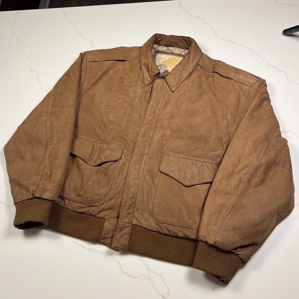 G-III Leather Bomber Jacket Mens Medium Brown Nubuck Aviator Flight Map Lining